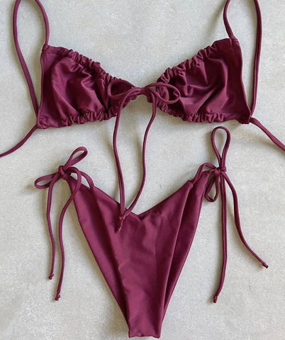Solid color split bikini swimsuit-Winered-10