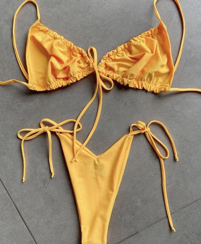 Solid color split bikini swimsuit-Yellow-3