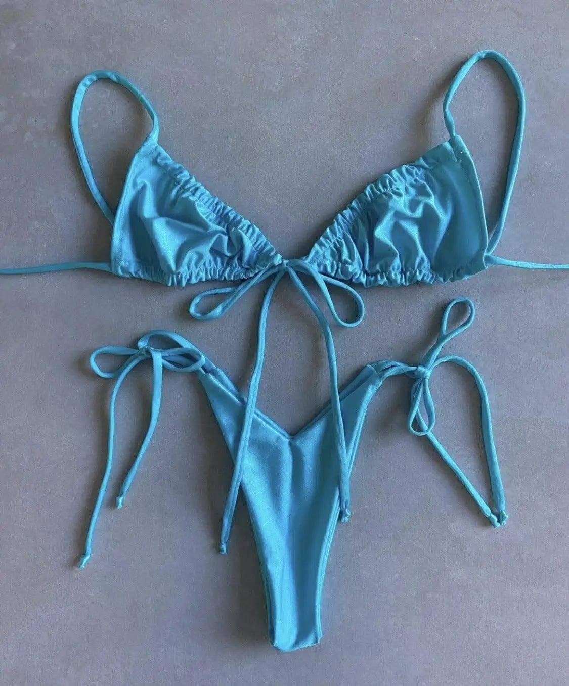 Solid color split bikini swimsuit-Blue-4