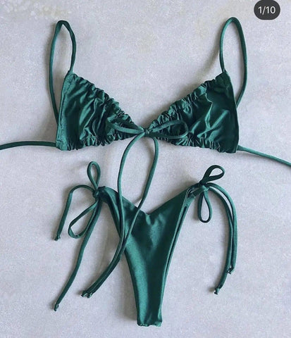Solid color split bikini swimsuit-Darkgreen-6