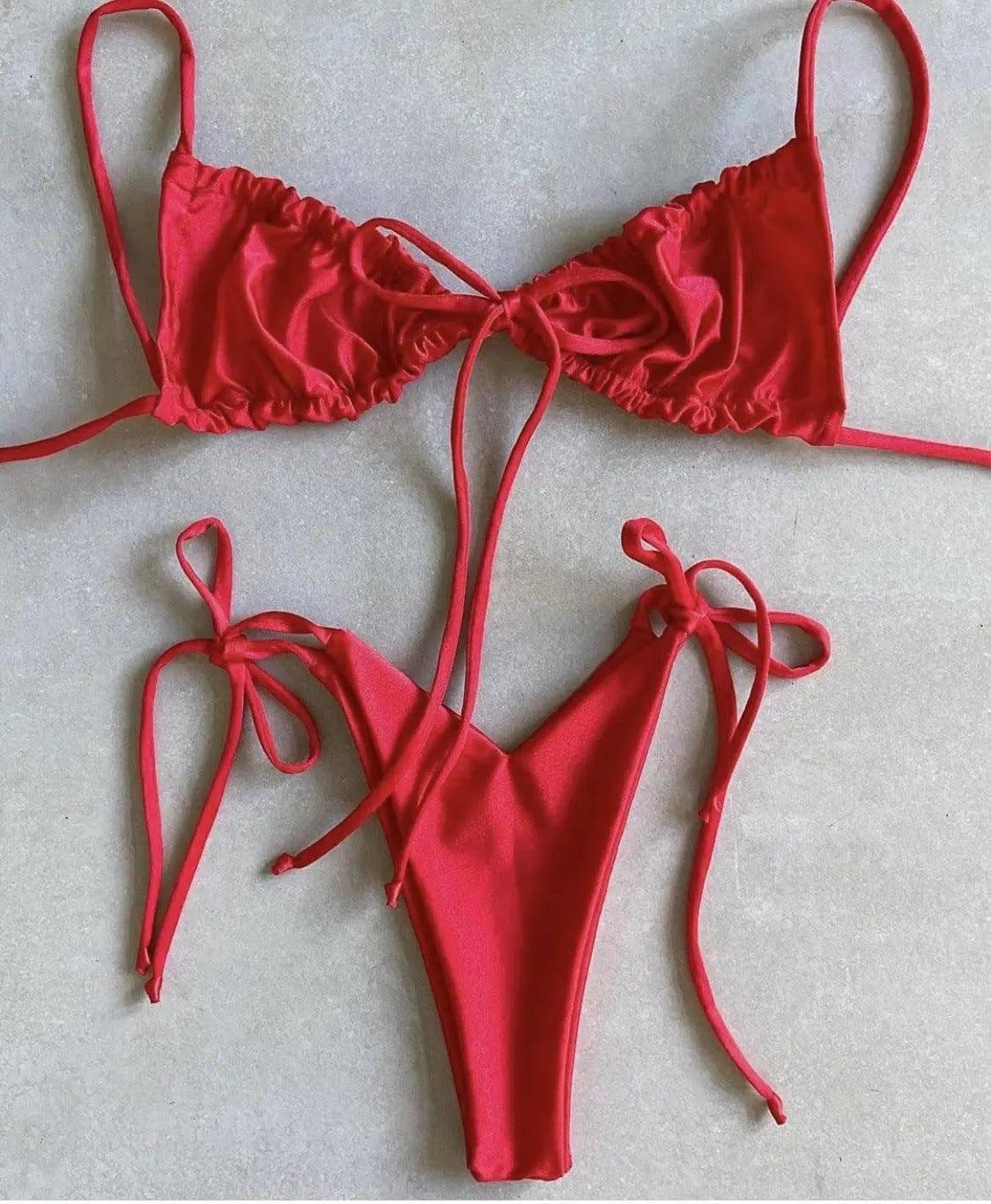 Solid color split bikini swimsuit-Red-7