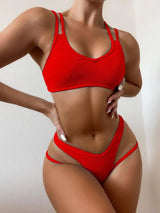 Solid Color Split Swimsuit Sexy Cross Strap Bikini-Red-1