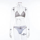 Solid Color-studded Bikini Split Swimsuit-White-3