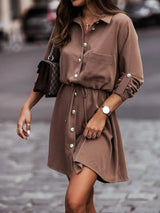 LOVEMI - Solid Color Waist Belt With Buttons And Sleeves Dress