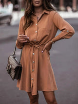 LOVEMI - Solid Color Waist Belt With Buttons And Sleeves Dress