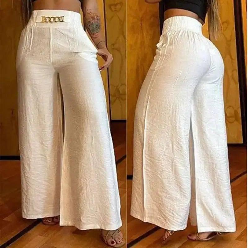 Solid Color White Wide-leg High-waisted Trousers Loose-White-1