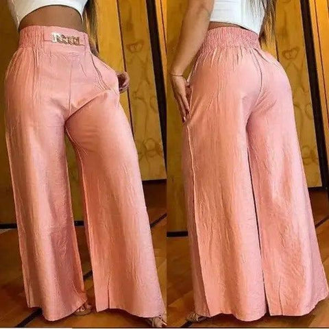 Solid Color White Wide-leg High-waisted Trousers Loose-Pink-3