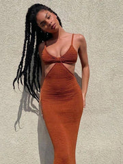Spaghetti Strap Backless Maxi Dress - Sexy Summer Party Wear-brown-4