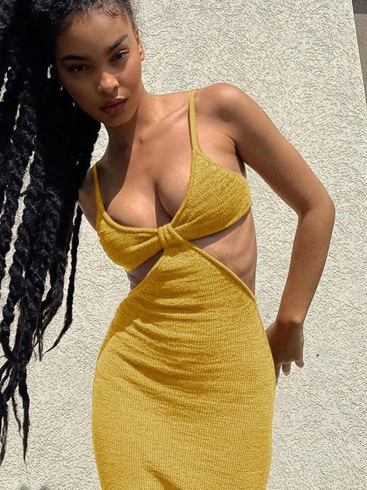 Spaghetti Strap Backless Maxi Dress - Sexy Summer Party Wear-yellow-5
