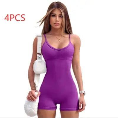 Spaghetti Strap Shorts Jumpsuit Sports Yoga Workout Tight-Purple-30