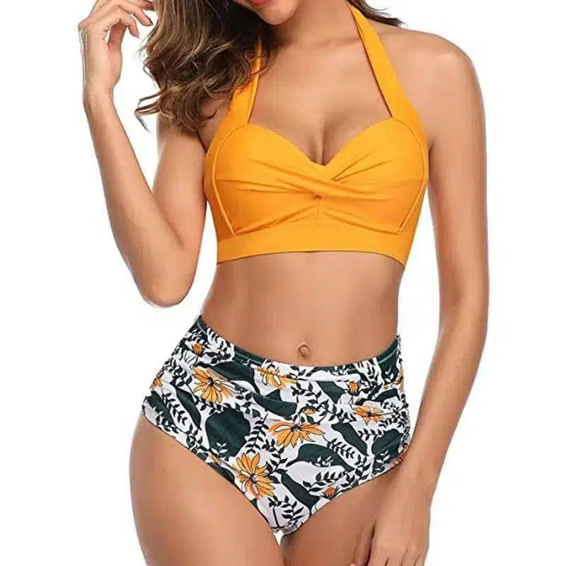 Split Bikini Print High Waist Nylon Swimsuit Swimwear-Yellow-7