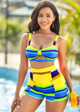 Split Final Print Bikini Boxer Swimsuit High Waist-Yellow-3