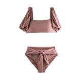 Split High Waist Belt Sleeves Cover Arm Women Swimsuit-Pink-2