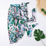 Split Three-piece Printed Bikini-Green-1