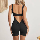 Sports Yoga Jumpsuit Shorts Rompers Back Hollow Seamless-Black-8