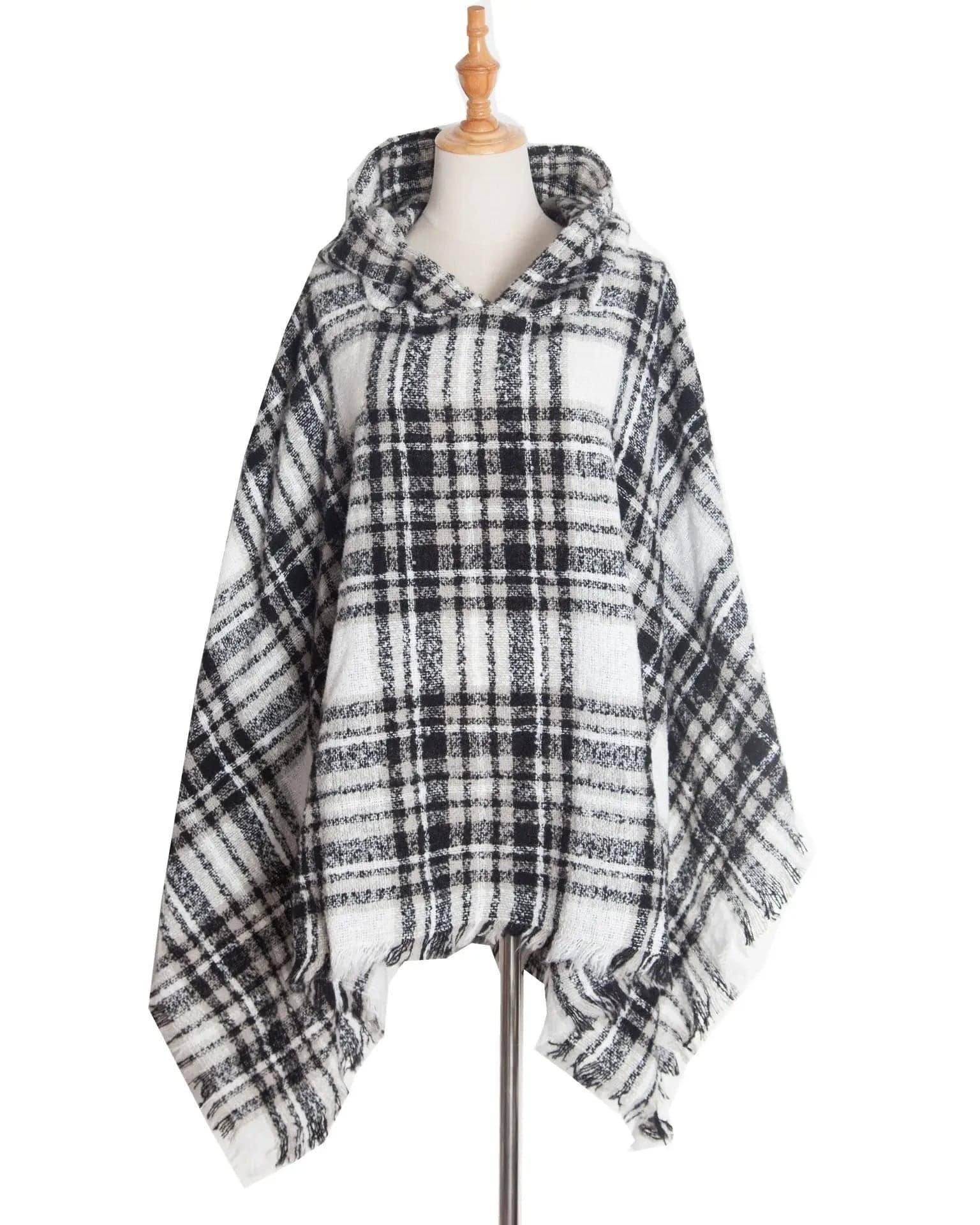 Spring Autumn And Winter Plaid Ribbon Cap Cape And Shawl-DP6 06 Black And White-19