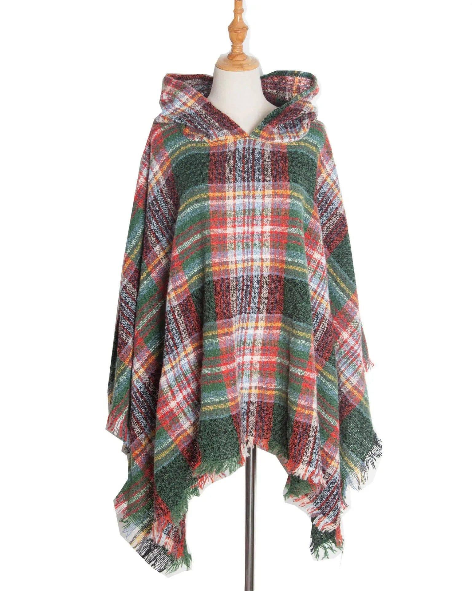 Spring Autumn And Winter Plaid Ribbon Cap Cape And Shawl-DP7 02 Green-27