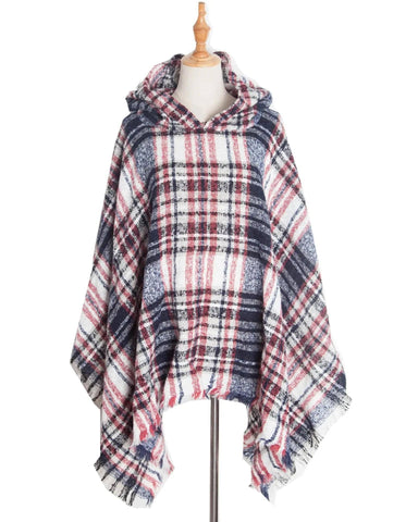 Spring Autumn And Winter Plaid Ribbon Cap Cape And Shawl-DP6 02 White Navy Blue-28