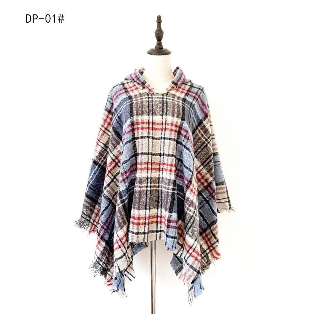 Spring Autumn And Winter Plaid Ribbon Cap Cape And Shawl-DP 01 Blue Red-2