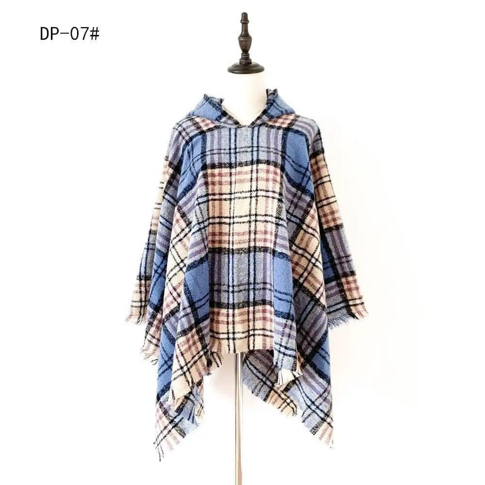 Spring Autumn And Winter Plaid Ribbon Cap Cape And Shawl-DP 07 Blue-7