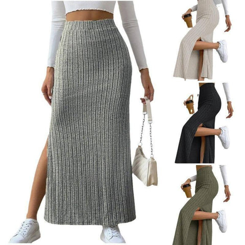 Spring Long Skirt High Waist Side Slit Slim Fit Knitted-1