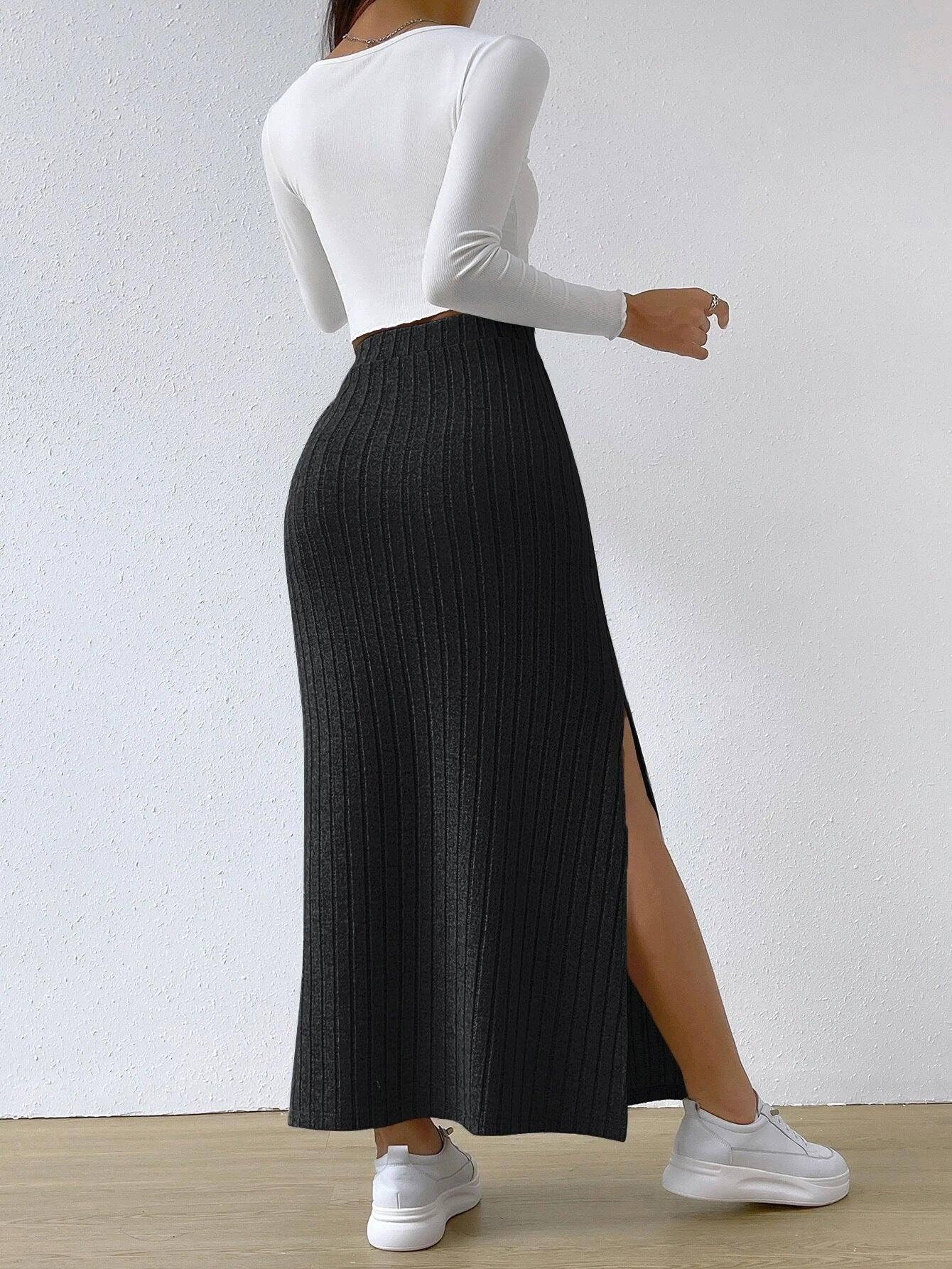 Spring Long Skirt High Waist Side Slit Slim Fit Knitted-3