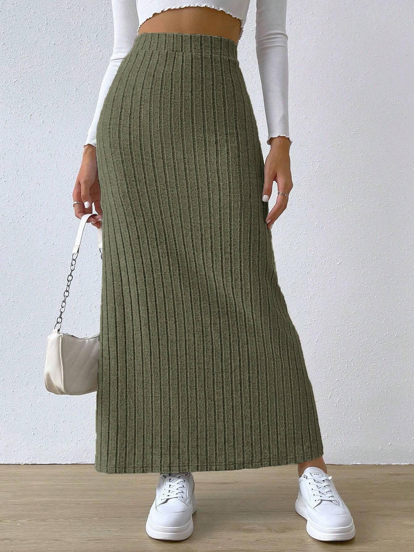 Spring Long Skirt High Waist Side Slit Slim Fit Knitted-Army Green-5