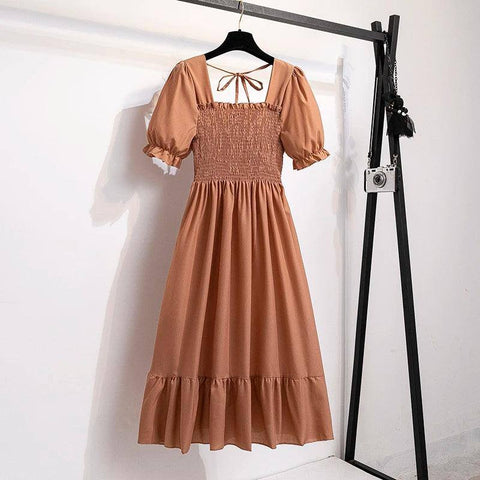 Spring Summer Chiffon Dresses Fashion Female Elastic Waist-khaki-10