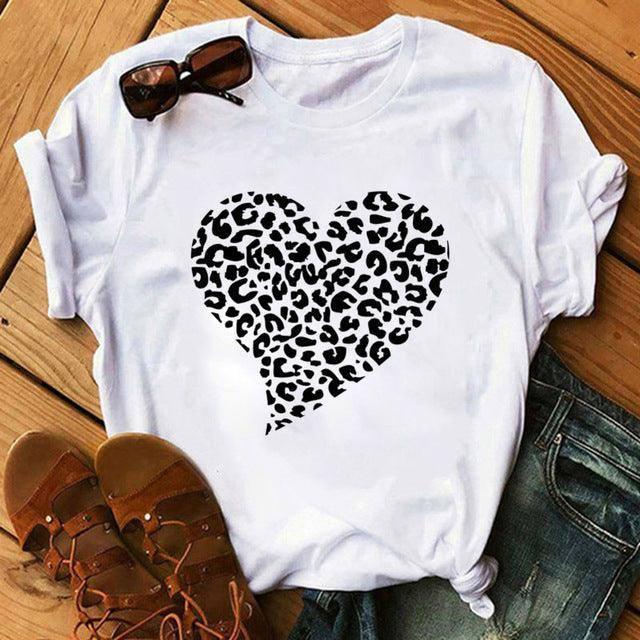 Spring Women's Cartoon Leopard Print Heart Printing T-shirt-A01982-3