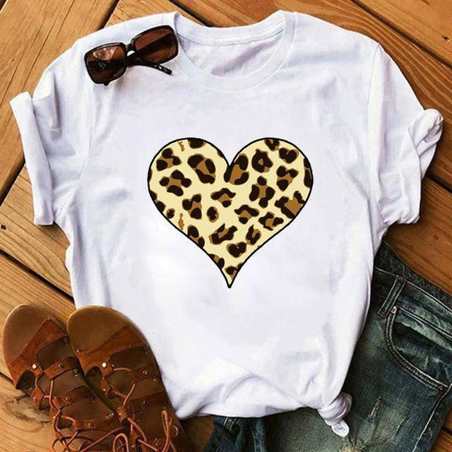 Spring Women's Cartoon Leopard Print Heart Printing T-shirt-A01985-7