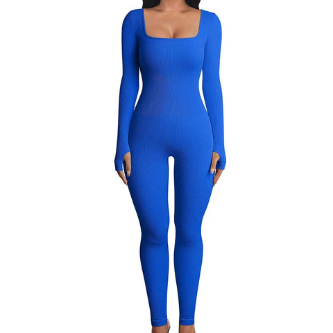 Square Neck And Buttocks Lifting Slim Fitting Jumpsuit-Blue-14