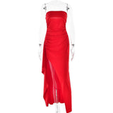 Strapless Split Long Dress Summer Fashion Pleated Bridesmaid-Red-10
