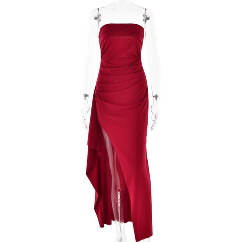 Strapless Split Long Dress Summer Fashion Pleated Bridesmaid-Wine Red-11