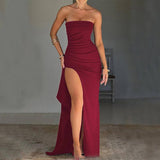 Strapless Split Long Dress Summer Fashion Pleated Bridesmaid-3