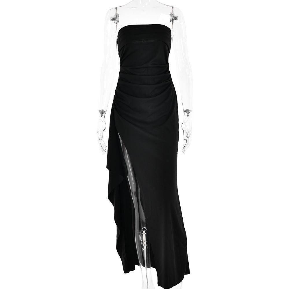 Strapless Split Long Dress Summer Fashion Pleated Bridesmaid-Black-8
