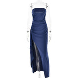 Strapless Split Long Dress Summer Fashion Pleated Bridesmaid-Navy Blue-9
