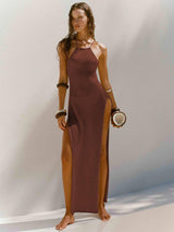 Strappy Halterneck Long Dress With Double Side Slits Design-Dark Khaki-11