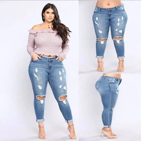 Stretch denim hole high waist ladies jeans-1