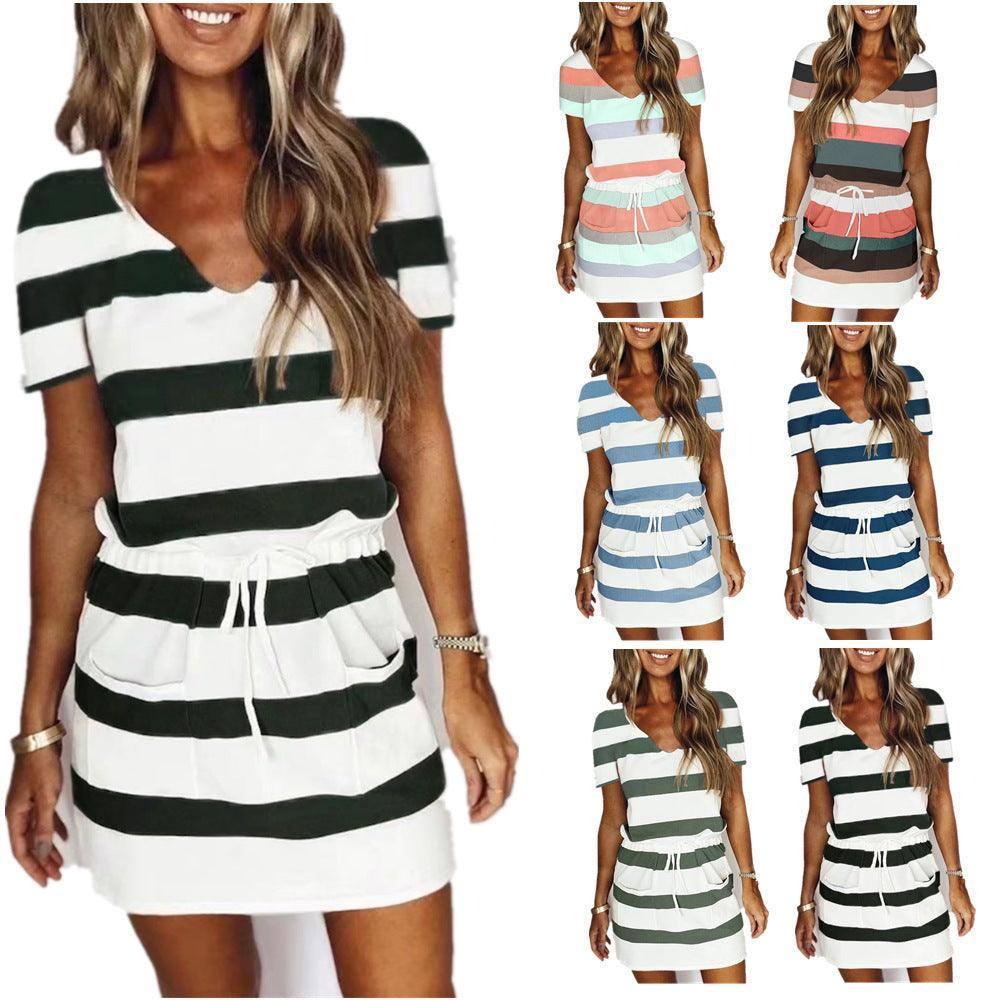 Striped Print Short-sleeved Dresses Summer Fashion V-neck-1