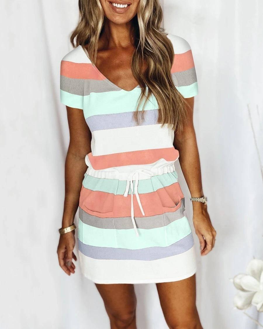 Striped Print Short-sleeved Dresses Summer Fashion V-neck-Pink-5