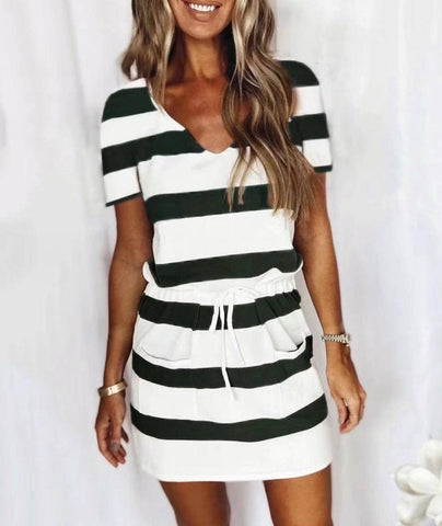 Striped Print Short-sleeved Dresses Summer Fashion V-neck-Black-7