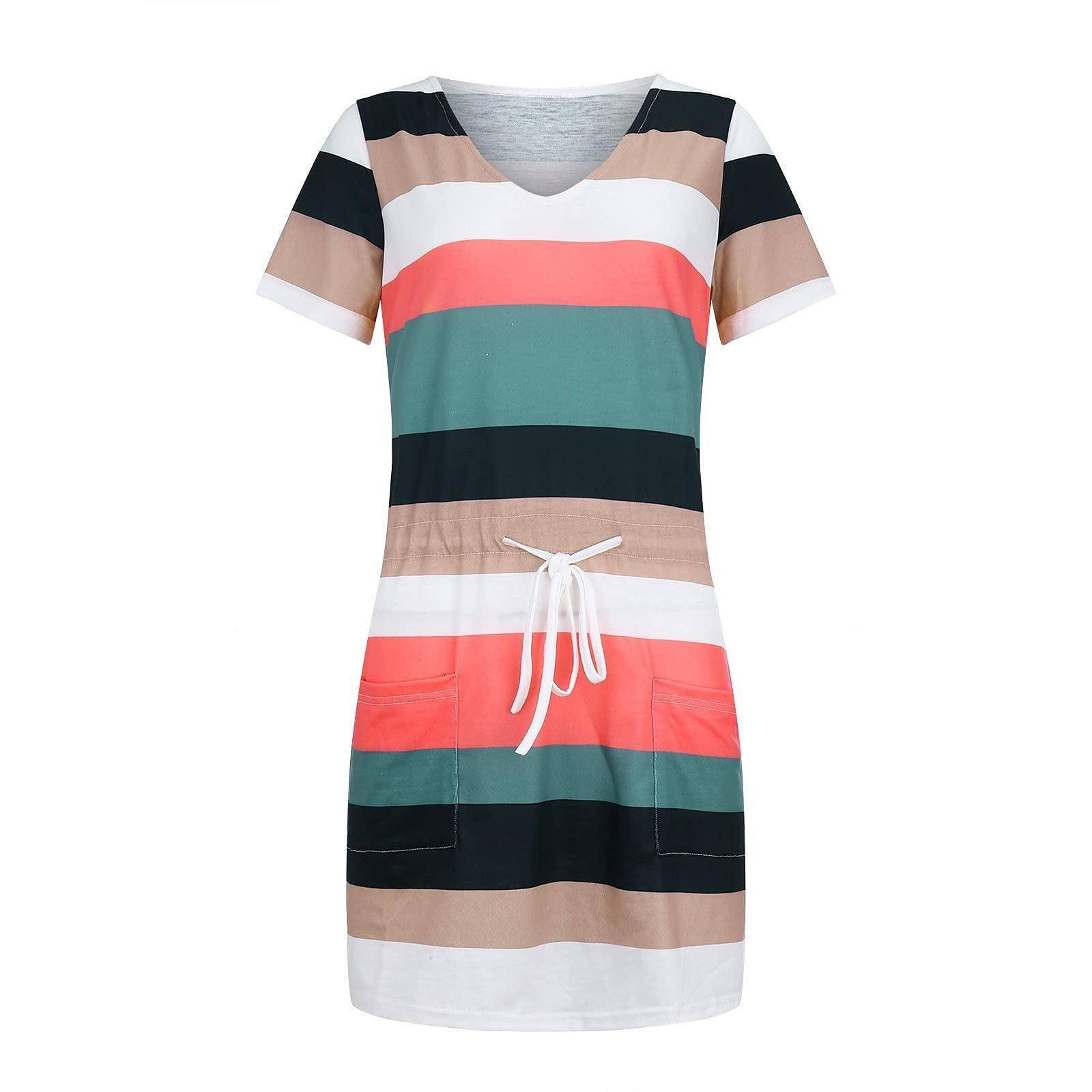 Striped Print Short-sleeved Dresses Summer Fashion V-neck-9