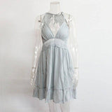 Summer Boho Dress Women Crochet Lace Ruffle Beach Dresses V-Blue-7