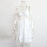 Summer Boho Dress Women Crochet Lace Ruffle Beach Dresses V-White-9