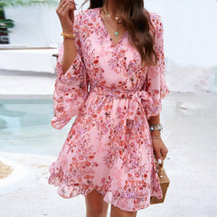 Summer Floral Print Short Sleeves Dress Lace Up Ruffles-Pink-3