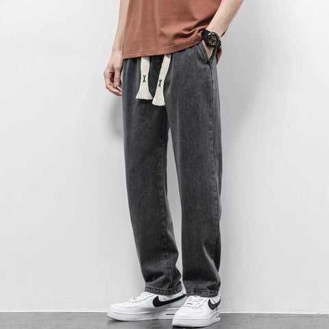 Summer Loose Wide Leg Jeans Pants Men Fashion Drawstring-Resistance To 040 Gray-5