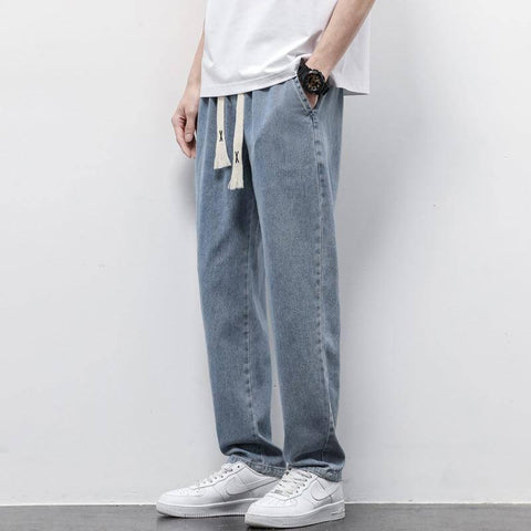 Summer Loose Wide Leg Jeans Pants Men Fashion Drawstring-Resistance To 040 Light Blue-8