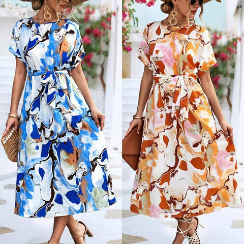 Summer Print Short-sleeved Dress Summer Loose Lace-up A-line-5