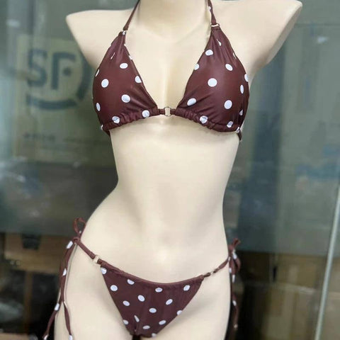 Summer Sexy Solid Mirco Bikini Sets Women Tie Side G-String-Brown Dot-12