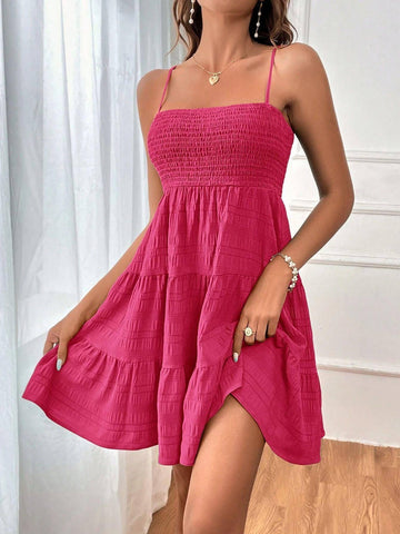 Summer Square-collar Suspender Pleated Dress Fashion Solid-Rose Red-7